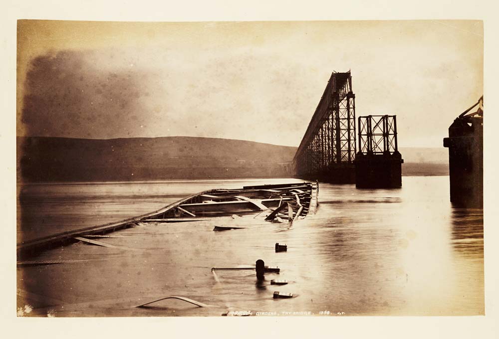 The ruins of the Tay Bridge after the Tay Bridge Disaster of 1879.