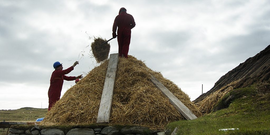 Two people are shown, one standing on top of a pile of straw, passing straw down to the other person using a pitchfork.