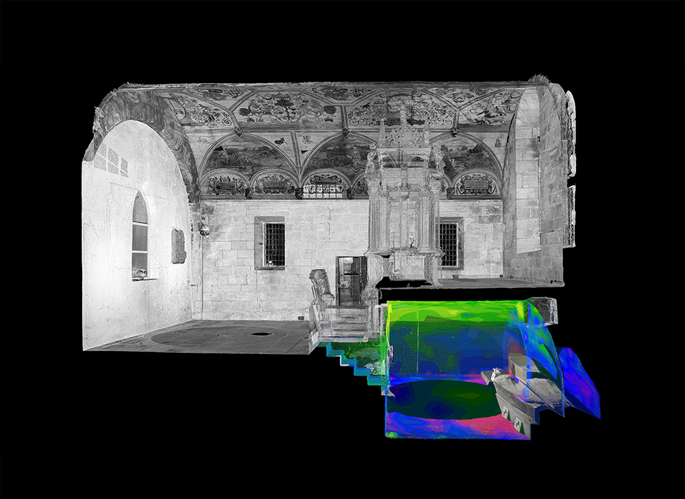 Section view of 3D point cloud of Skelmorlie Aisle coloured with moisture data